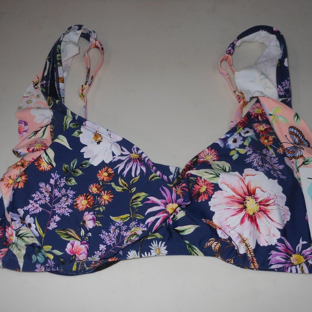 NWT Underwire FreshWater, XXL (Kohls), Ruffled Blue & Peach Floral Bra Top